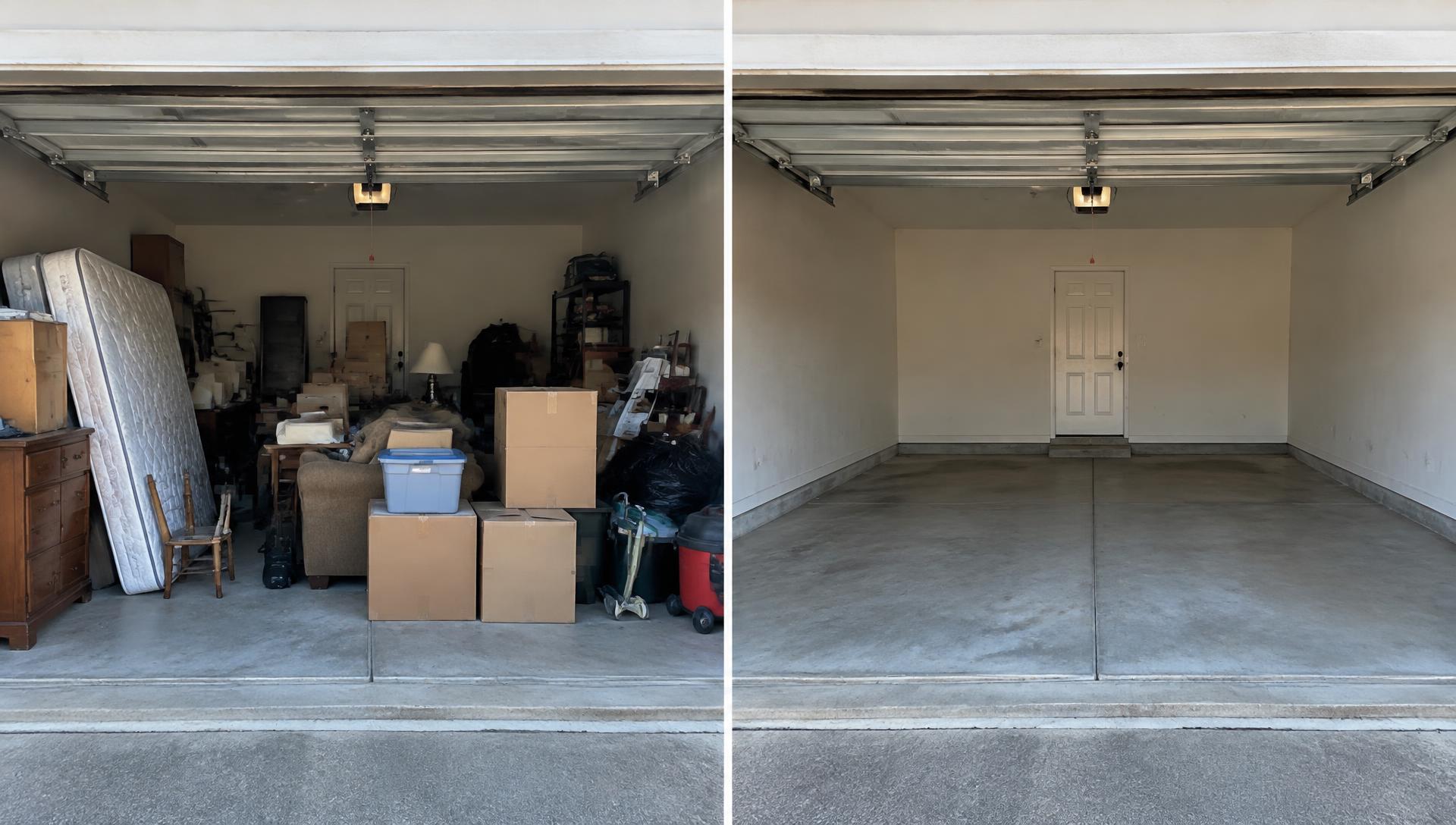 The same garage before and after a cleanout: packed with junk on the left, empty and swept on the right